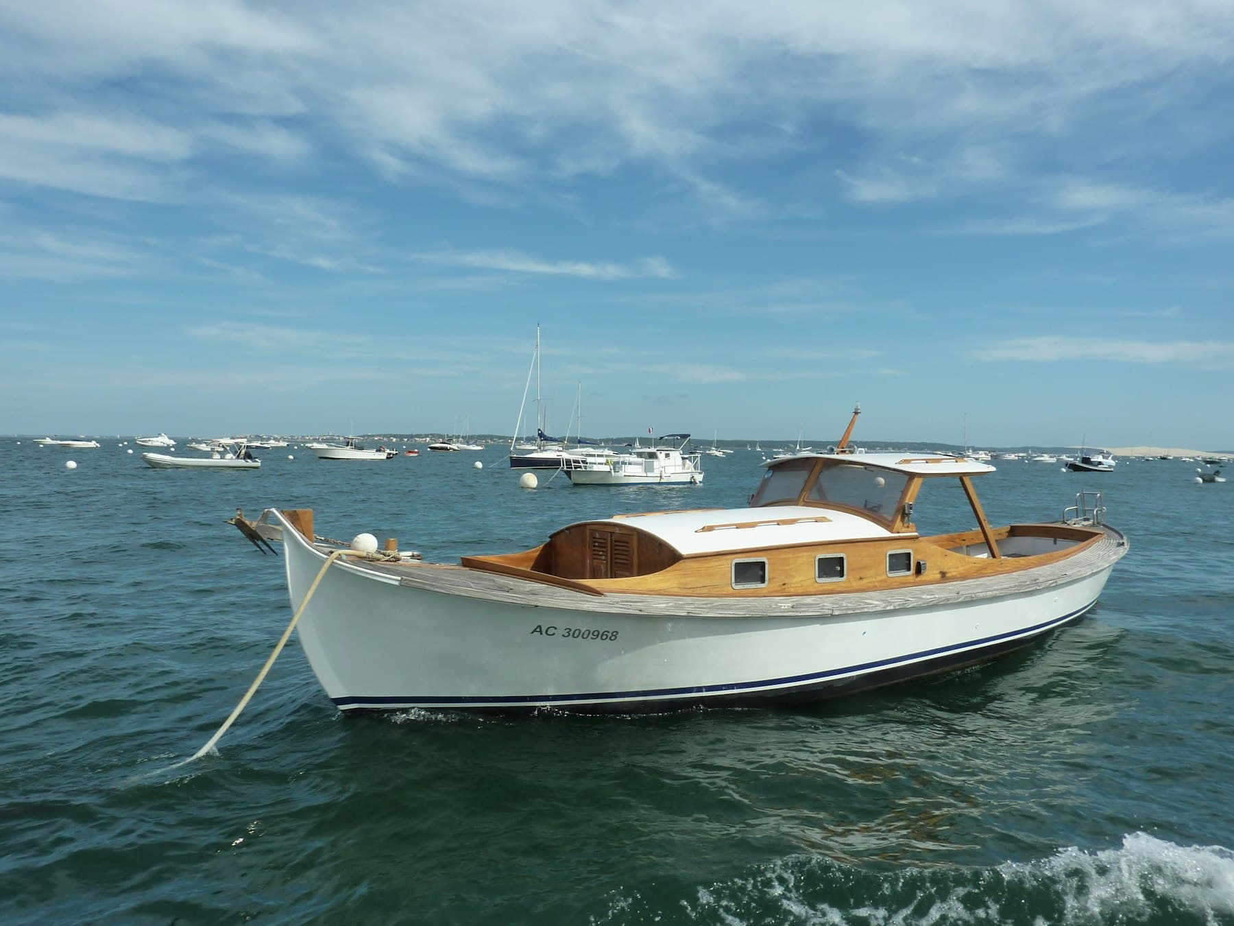 Classic motor launch at anchor