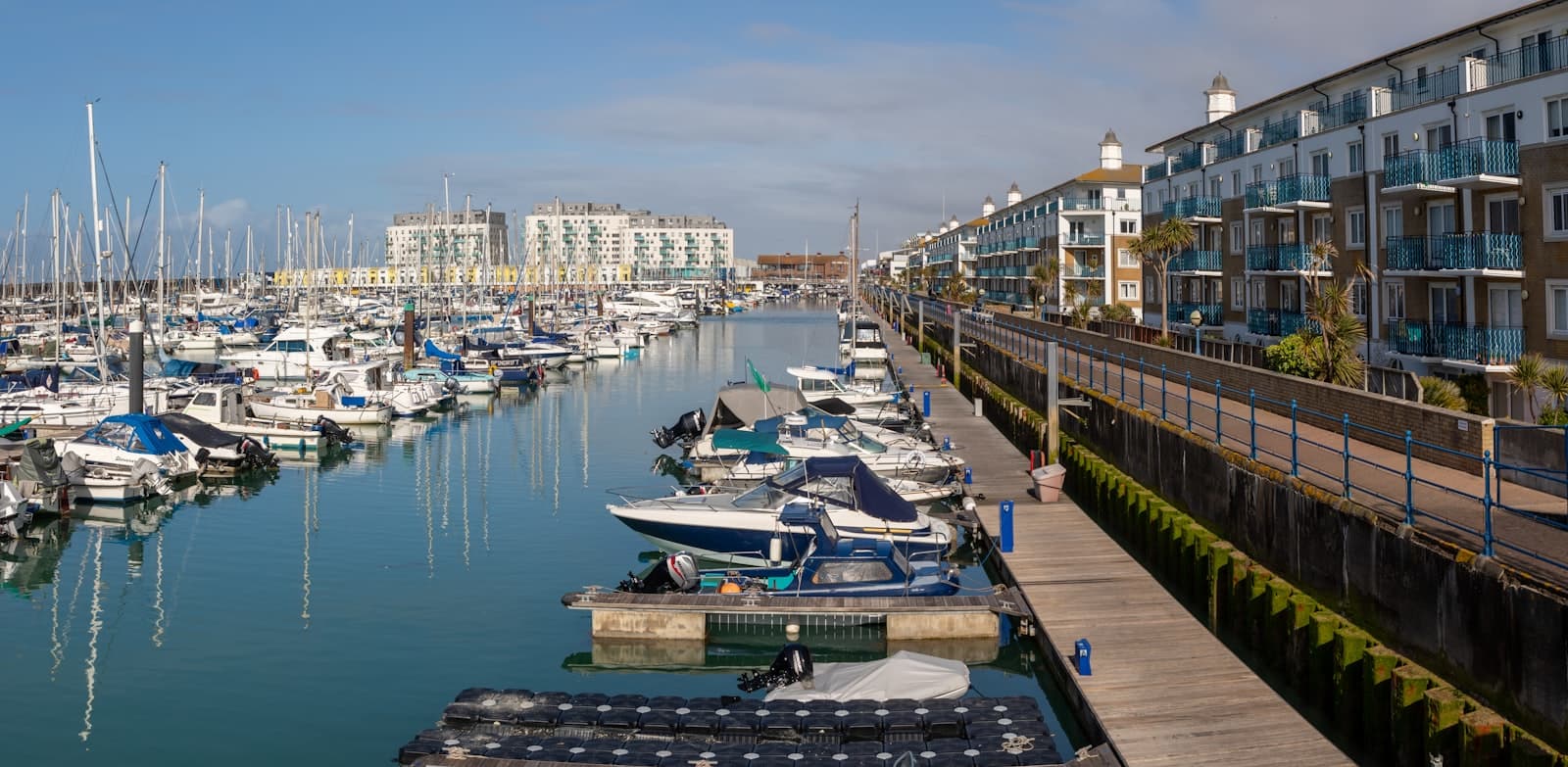 Boats moored along a marina dock